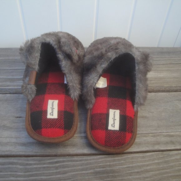 Dearforms Brown with Red "Lil Bear"Faux Fur Scuff Kids slippers w/ ears Size 3-4 - Picture 3 of 9